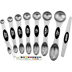 Spring Chef Stainless Steel Magnetic Measuring Spoons Set with Strong N45 Magnets, Heavy Duty Metal Kitchen Gadgets for Baking & Cooking, Fits in Most Kitchen Spice Jars, Set of 8 with Leveler, Black