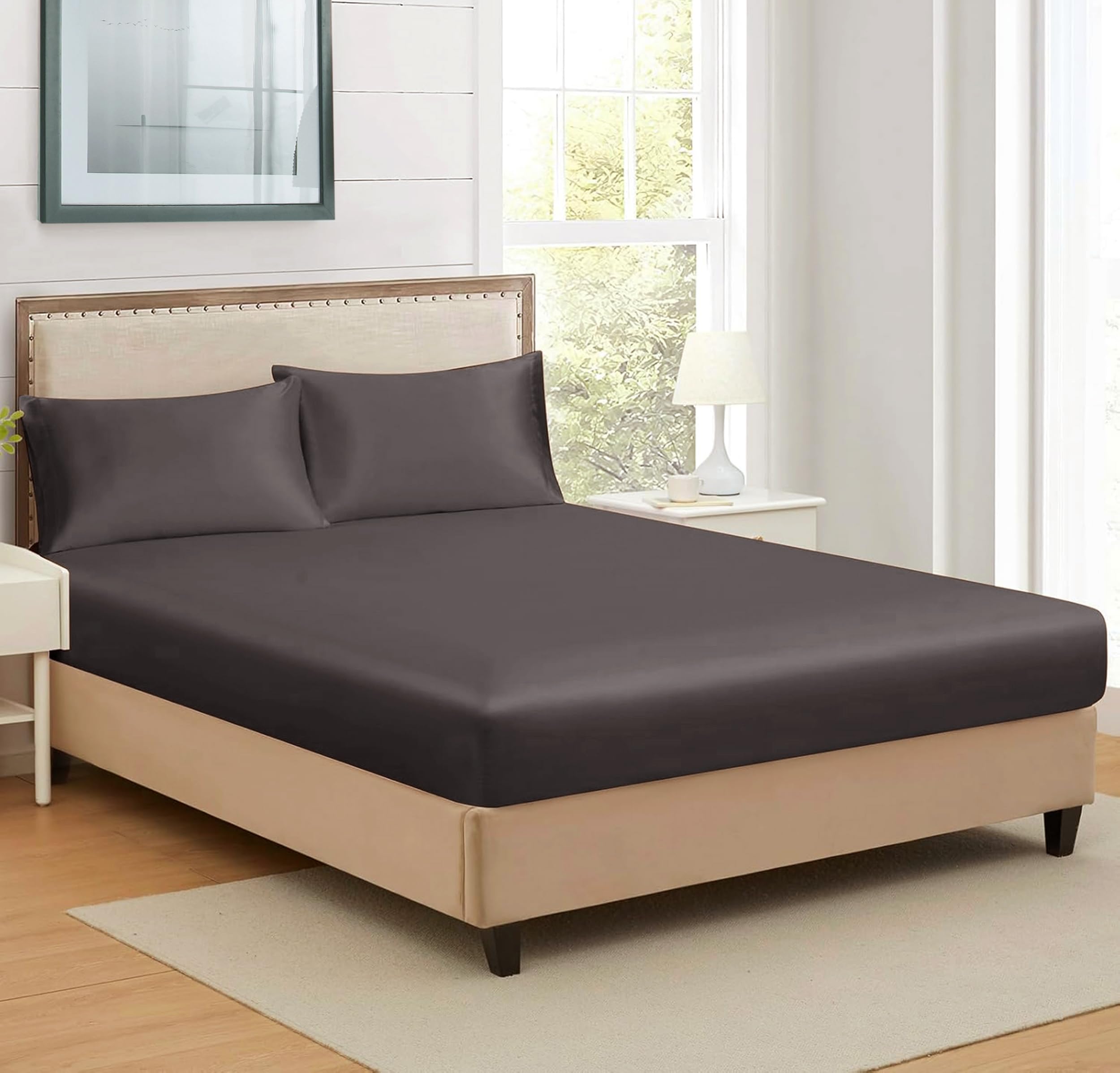RD TREND Satin Fitted Solid Bedsheets Queen Size 78x60x10 Inch, Elastic Bedsheets for Queen Size Bed with 2 Pillow Covers-18x28 Inch (Dark Coffee), 400 TC
