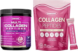 ZEBORA Multi Collagen Peptides Powder - Hydrolyzed Collagen Type I II III V X with Hyaluronic Acid, Vitamin C, MCT, Probio...