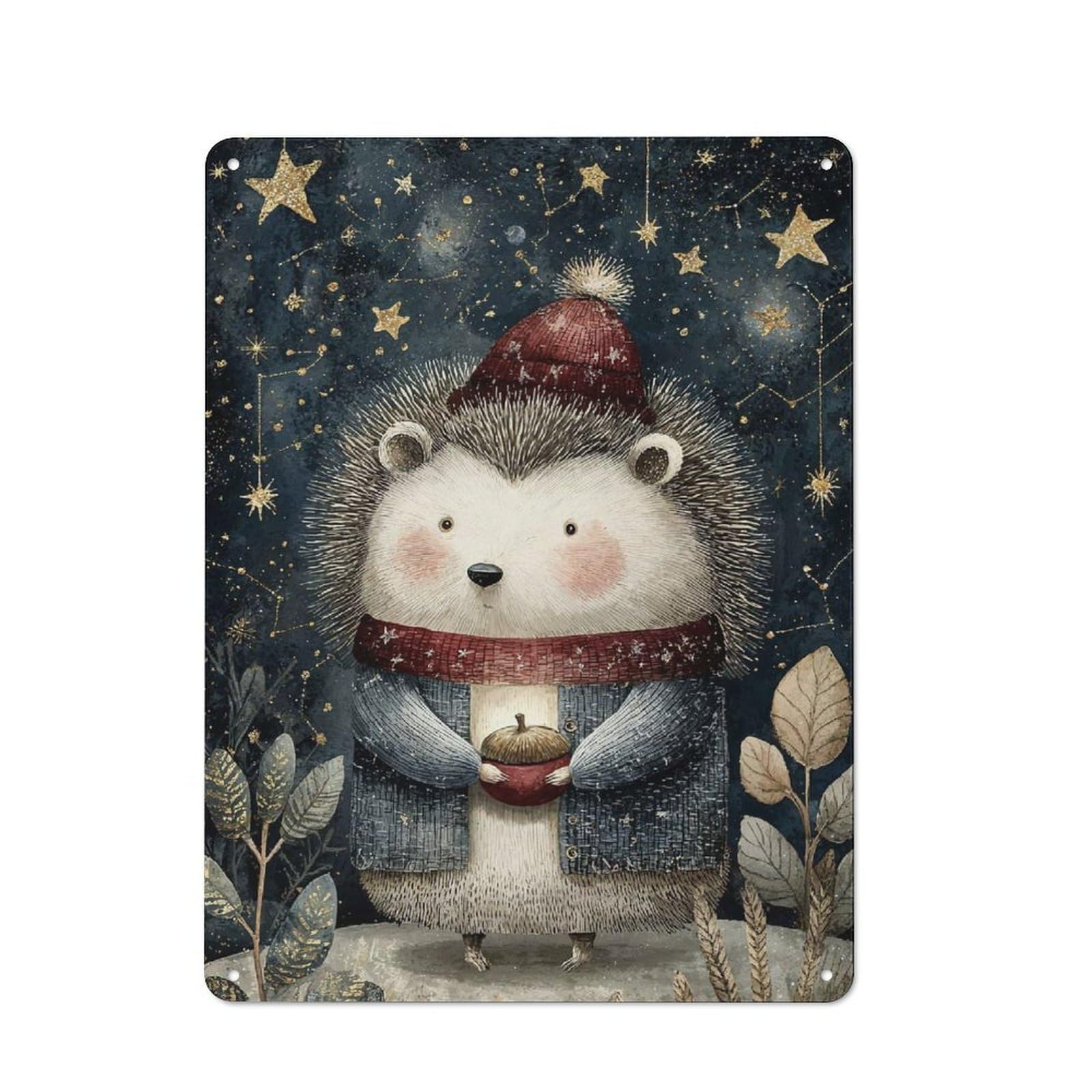 Junmoney Style-22 Workshop Style Winter Hedgehog With Acorn And Stars Tin Sign 40X30cm, Industrial Wall Art For Garage, Hobby Room, Office Or Man Cave