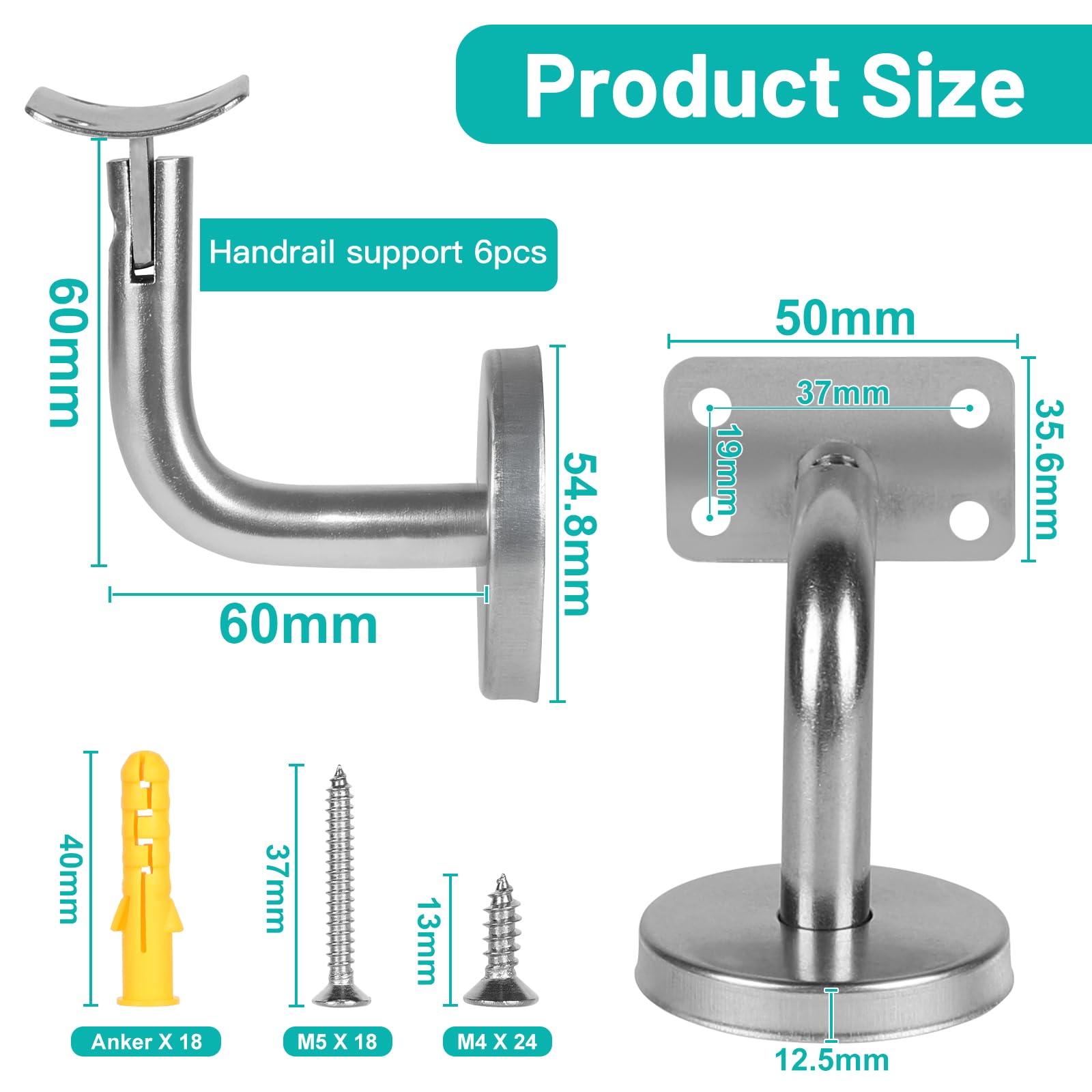 SUPAWAY Handrail Bracket Handrail Wall Bracket for Stair Railing Stainless Steel Handrail Bracket for Stairs Hallways Bathrooms Interior Wall Loft Antique Handrails (Silver-6Pcs-Curve) - Image 2