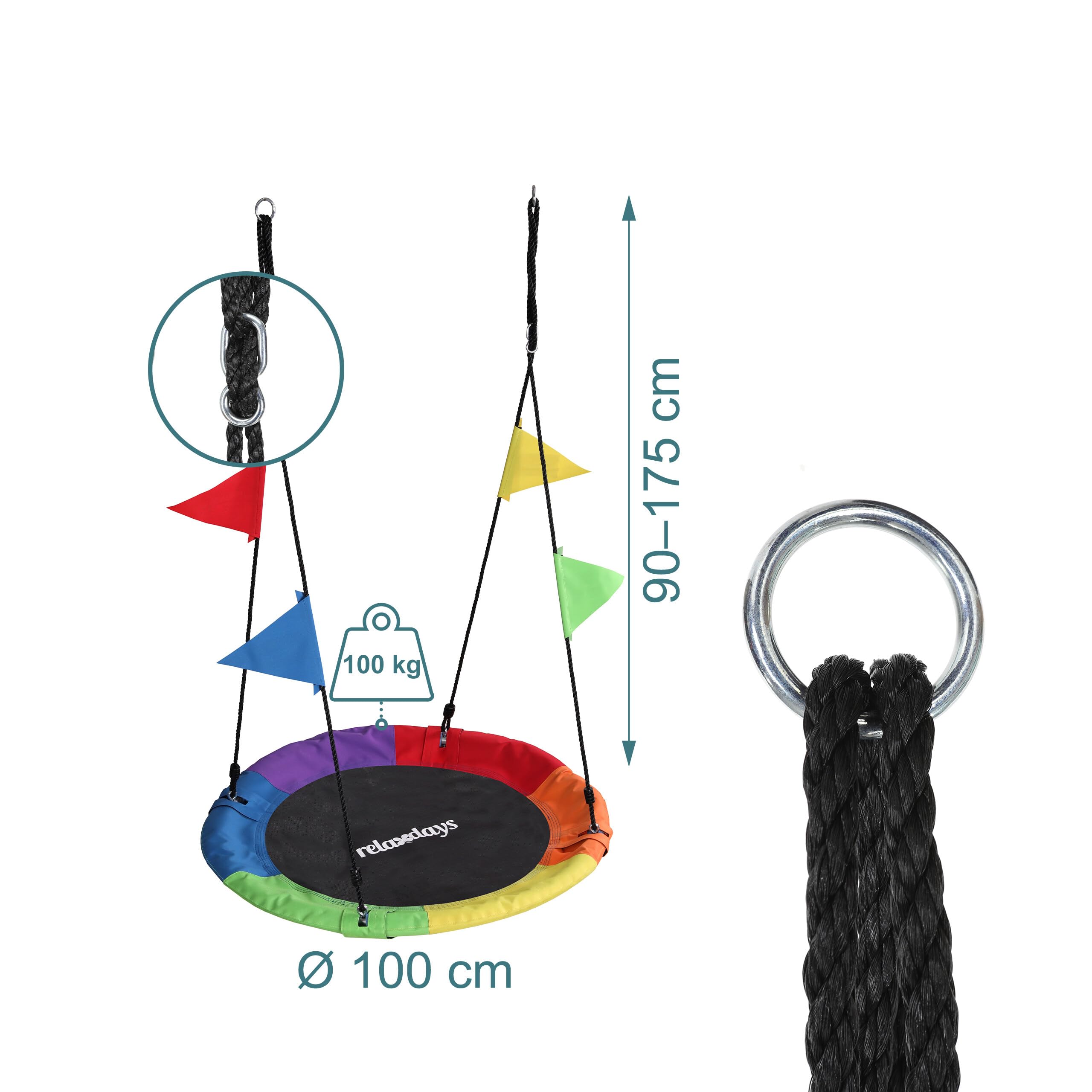 Relaxdays Altalena Nido Suspesa Rotonda Regolabile per Bambini, Ø 100 cm, Max 100 kg, Multicolore