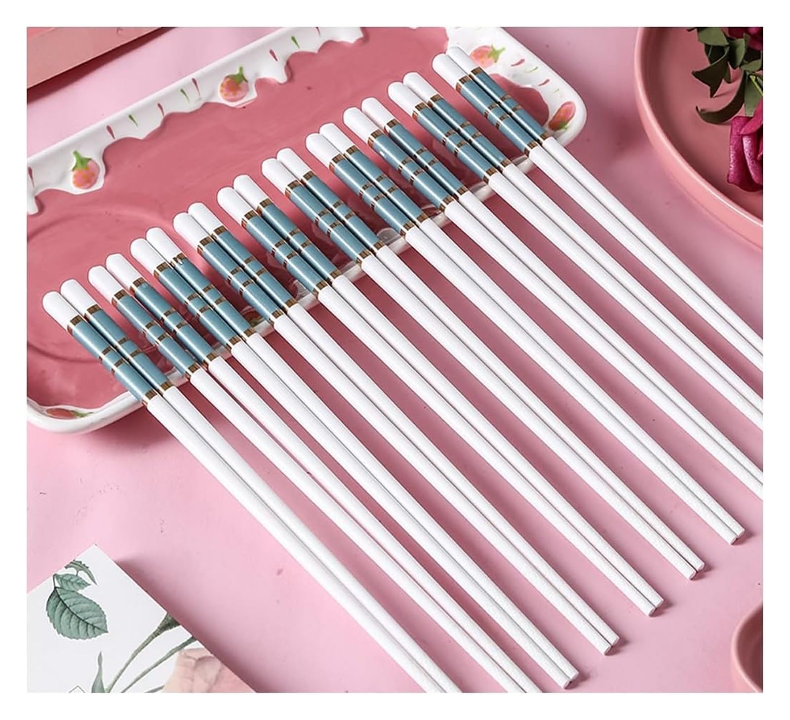 Baguettes en céramique, Baguettes réutilisables en porcelaine rose mignon, coffret cadeau de 10 paires baguettes premium avec étui(Blue)