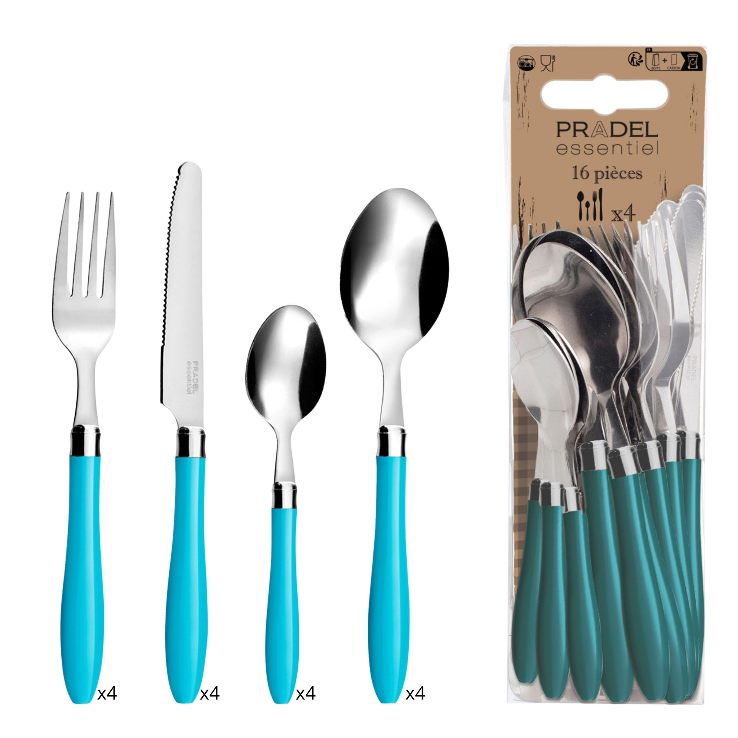 Ménagère 24 Pièces – Set De Couverts 4 Personnes – Manches Bleus Translucides