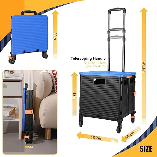 Miniatura 5 de Carrito plegable portátil plegable con ruedas, carrito de compras con tapa, ruedas giratorias de 360, carrito de carretilla resistente y duradero