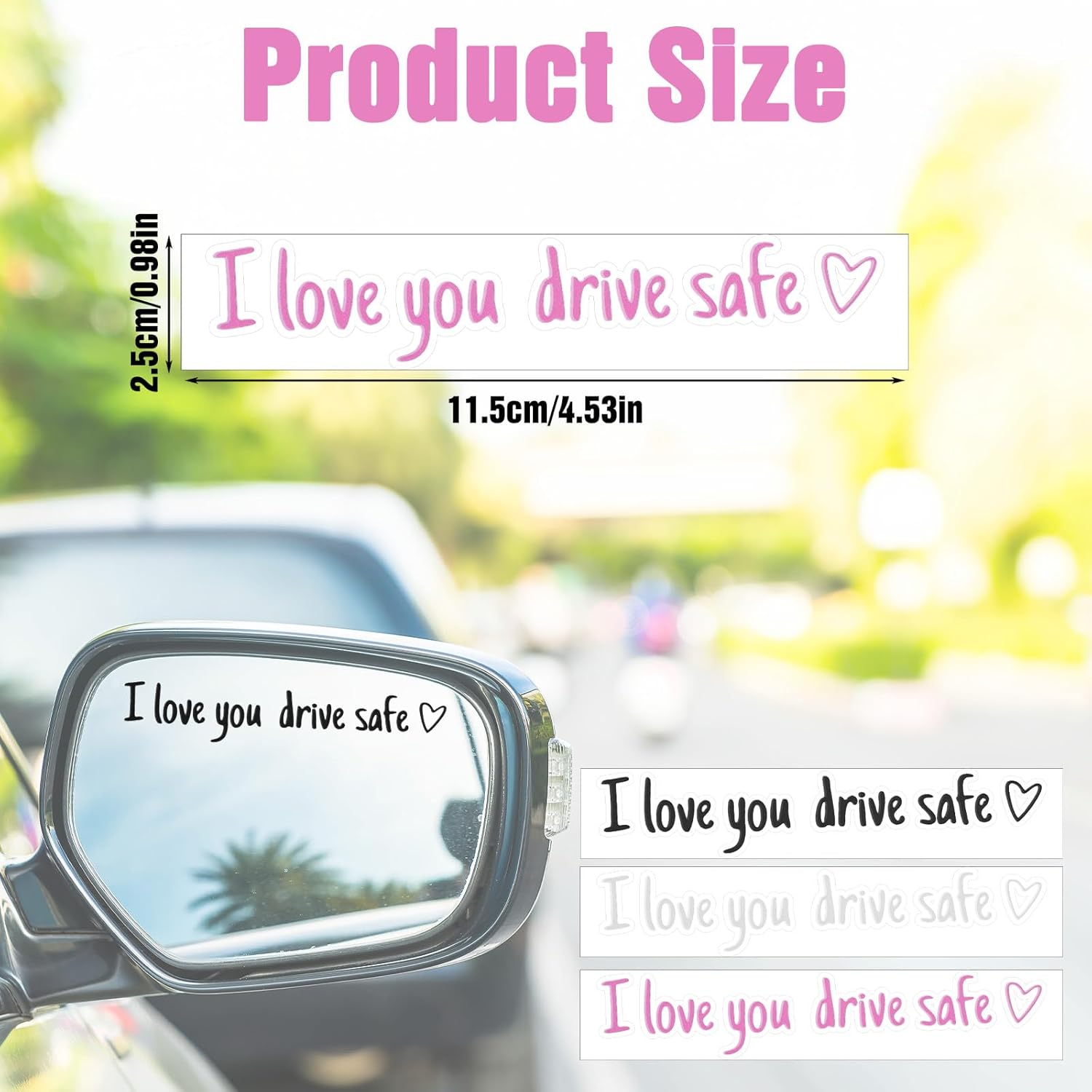 6 Pcs 3 Colors I Love You Drive Safe Mirror Sticker, Cute Car Stickers, Rearview Mirror Decal, Automotive Decals, Car Decor for Women Men Gifts, Stocking Stuffers (Black, White, Pink) - Image 2