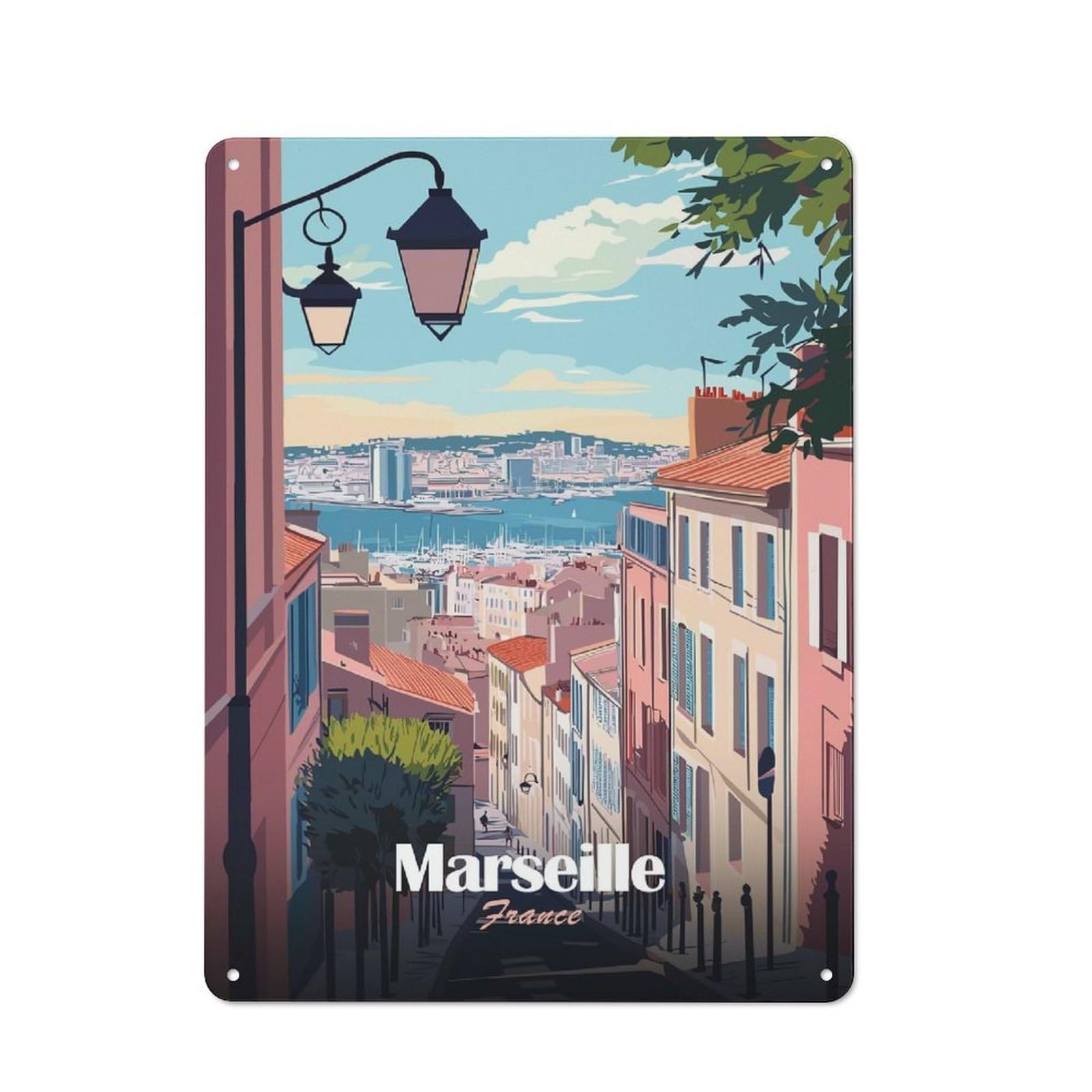 Junmoney Style-3 Casual Marseille France Cityscape Travel Shed Metal Sign 40X30cm, Shed Wall Decor For Greenhouse, Garden Room, Cafe Or Entryway