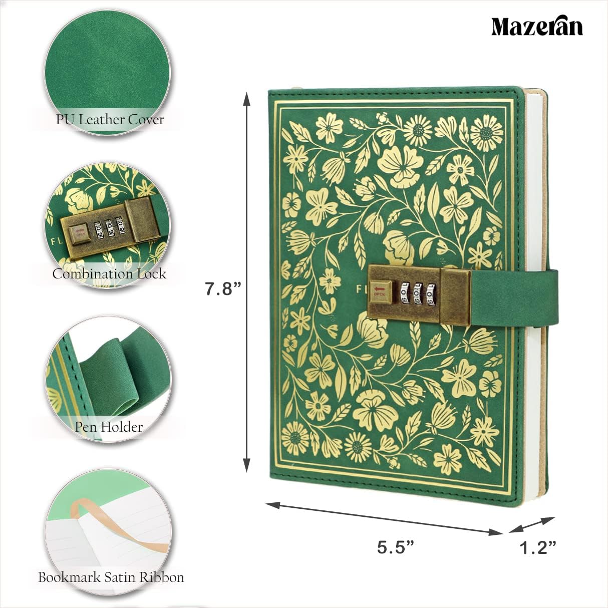 Mazeran Flower Lock Journal, Vintage Leather Hard Cover Floral Golden Embossed Notebook Diary, 224 Pages Lined Password Combination Locking Personal Planner, Gift for Women Girls (Boxed) - Image 2