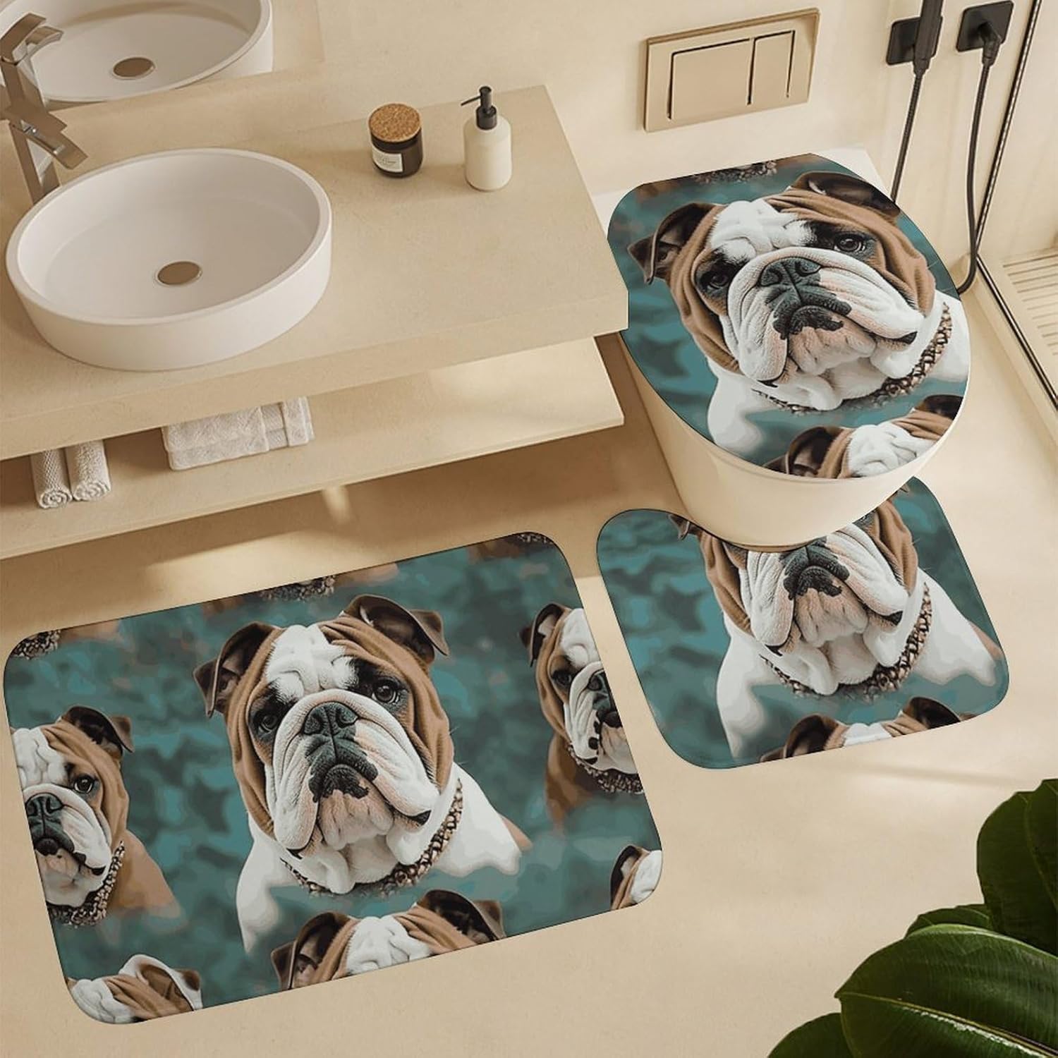 Funny English Bulldog Shower Curtains Set 4 Piece with Non-Slip Rugs, Toilet Lid Cover and Bath Mat Soft Bathroom Carpet Waterproof Bathroom Curtain with 12 Hooks for Bathroom Decor