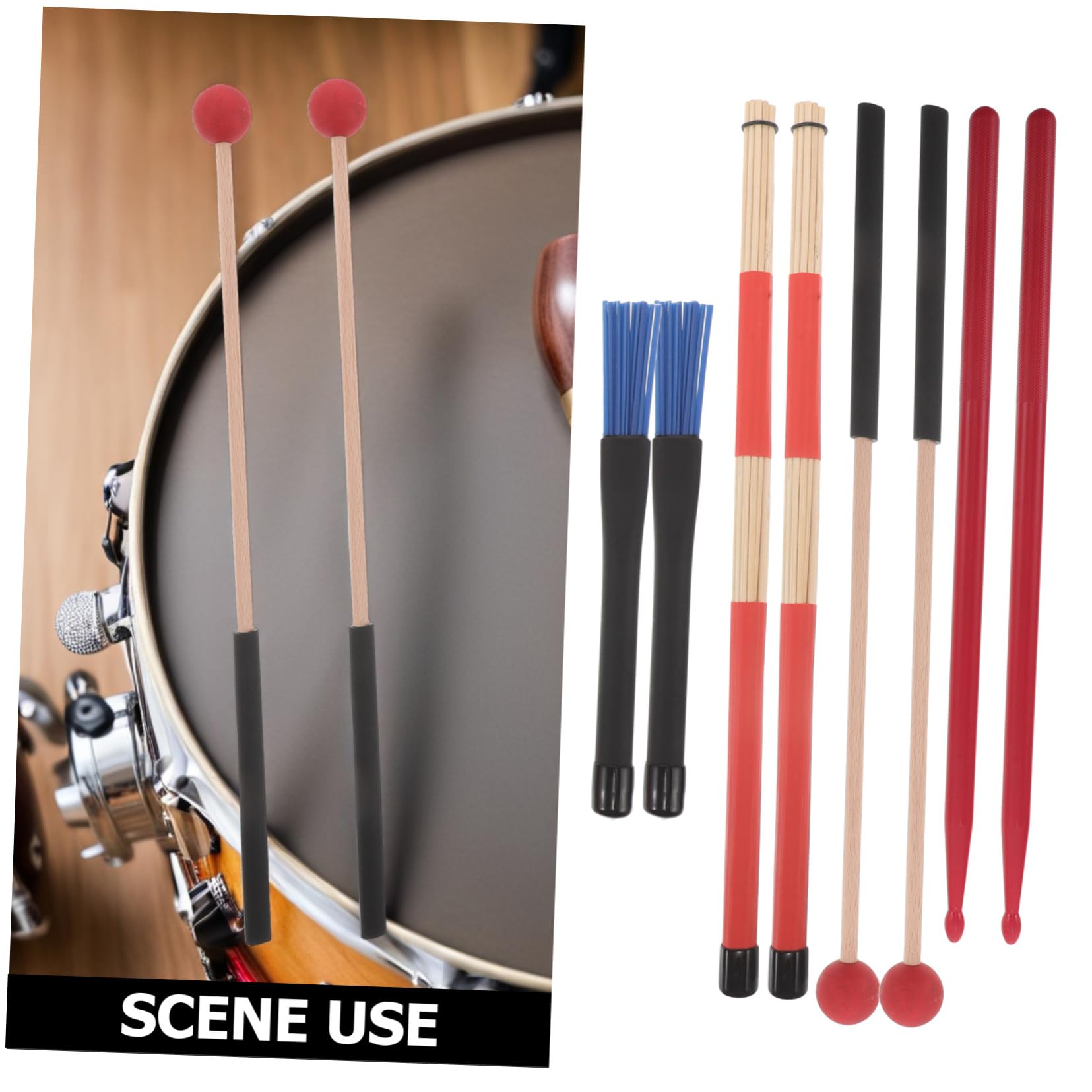 Kit de Accesorios de Percusión Batería con Baquetas de Nylon y Madera, Mazo Antideslizante Rojo y Cepillos Azules con Funda Portátil para Batería Acústica