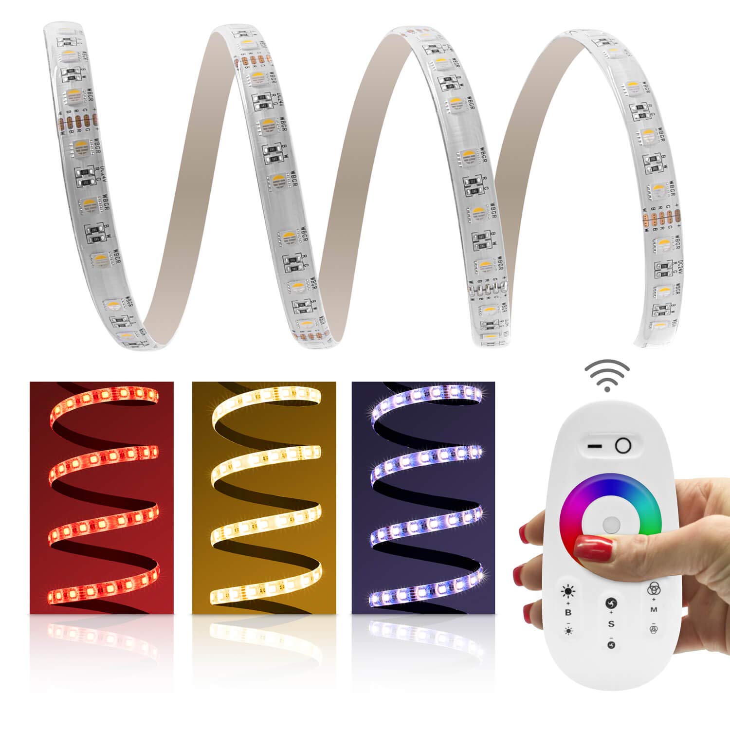 LED Universum RGBW - Tira de Luces LED (2 m, con Fuente de alimentación y Mando a Distancia, 24 V, IP65, RGBWW, Chip LED Todo en uno 60 LED/m)