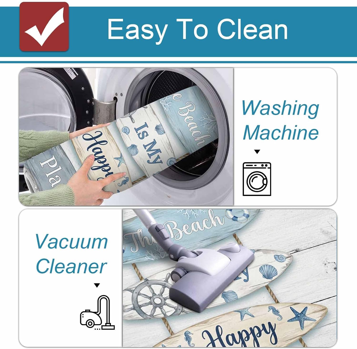 The Beach Is My Happy Place Kitchen Mat Set 2 Pieces Summer Ocean Blue Starfish Shell Wood Grain Non Slip Kitchen Rugs Washable Runner Rug Mats for Sink Laundry (19.7" x 31.5"+19.7" x 63")