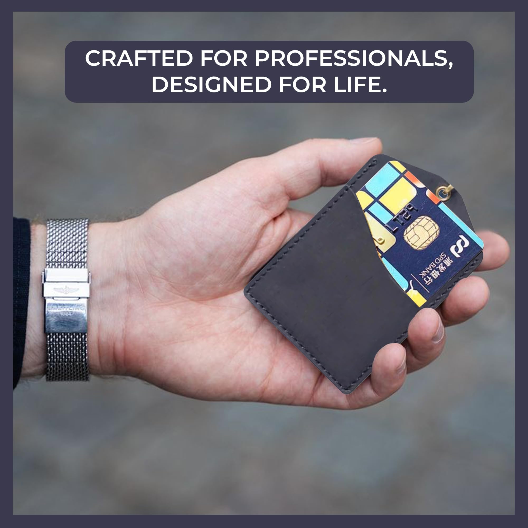 Trizek - ID Badge Luggage Tag School and Working Card tag Genuine Leather ID Card Holder Tag (Black) - Image 4