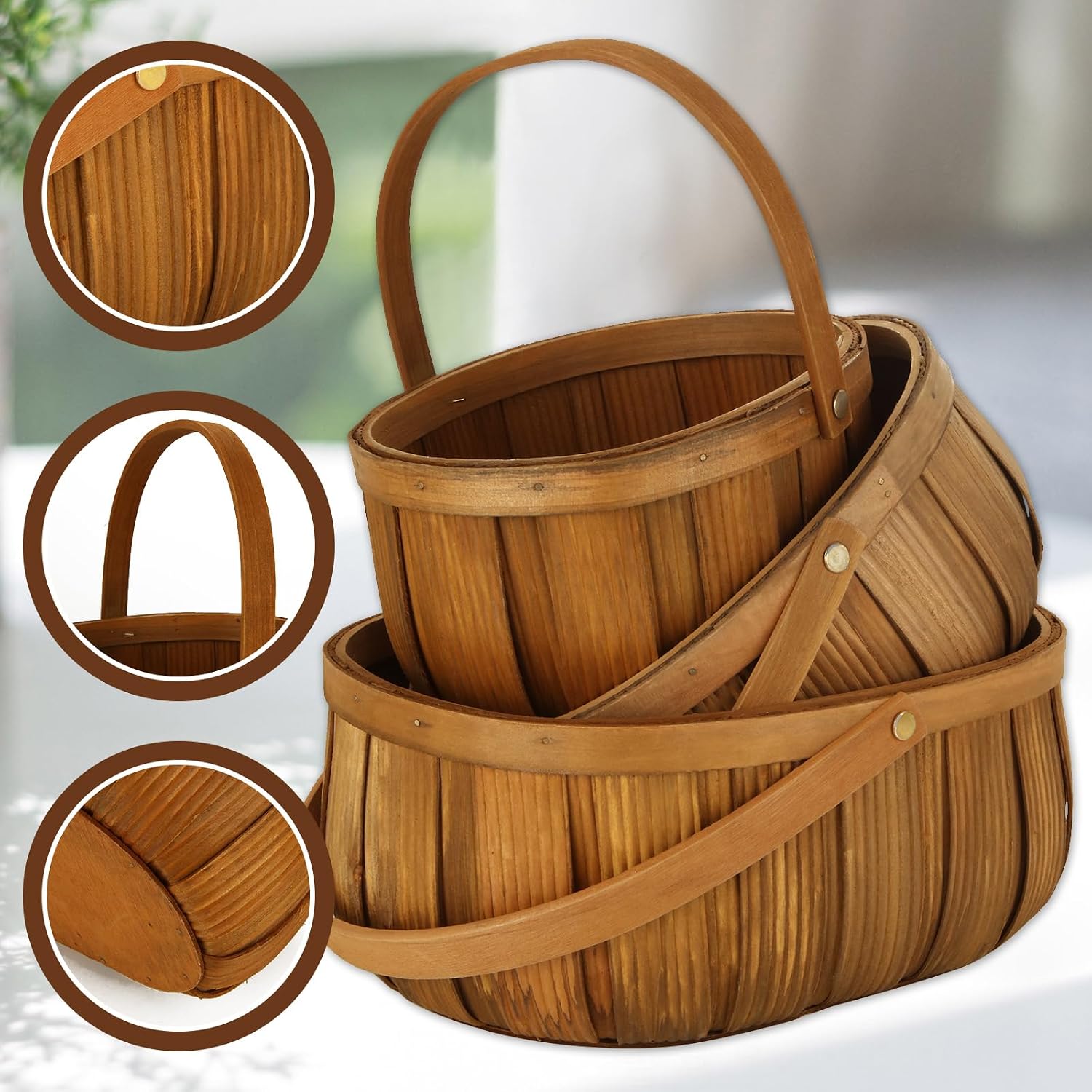 3 Pack Wicker Bread Baskets with Handle, Oval Hand Woven Picnic Basket Set for Storage, 3 Size Handle Wooden Fruit Basket for Storage Vegetable Gift Packing Woven Bin Kitchen Cabinet Organizer