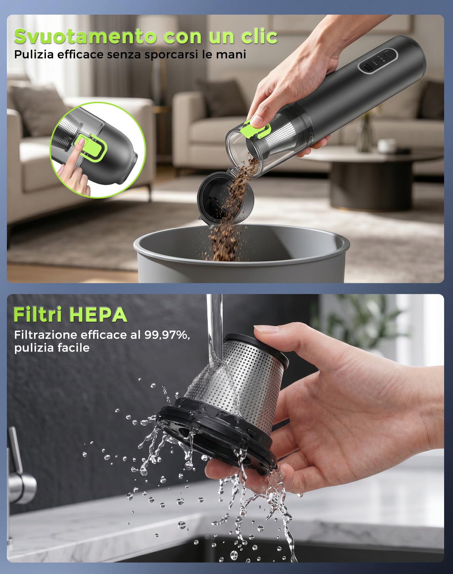 Aspirapolvere Auto, 20000 Pa Aspirabriciole senza Fili, 3 velocità regolabili, Ricca rapida Type-C Aspirapolvere Portatile, 4 in 1 Aspirazione/Soffiaggio/Gonfiaggio/Pompaggio Verde