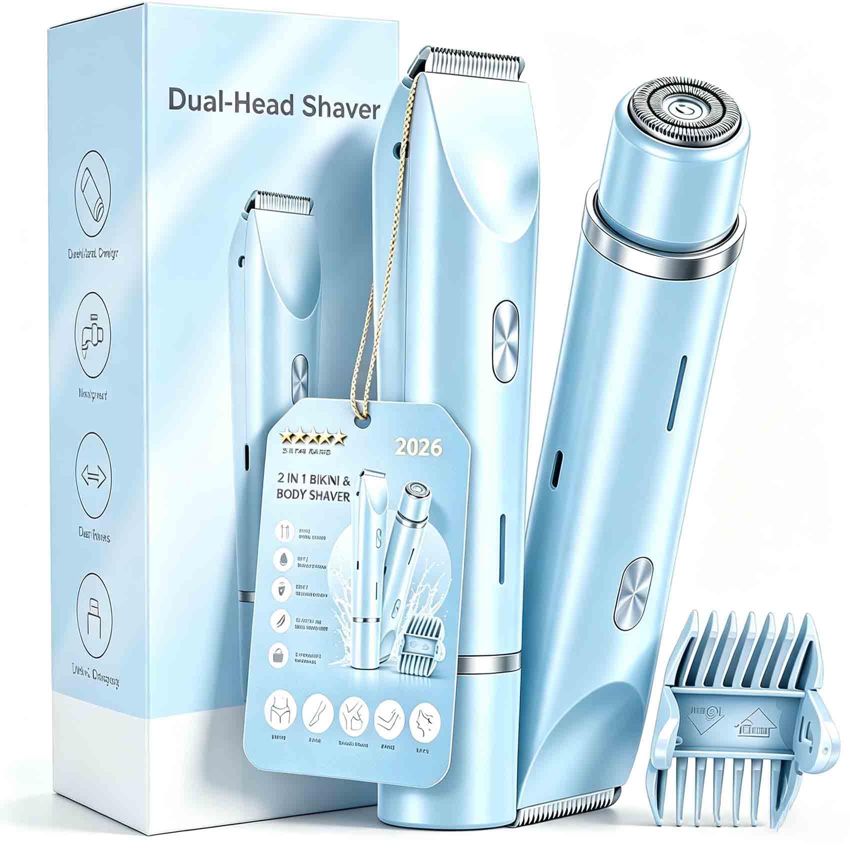 Rasoio 2 in 1 per Bikini E Corpo Shavea, Zero Tagli E Irritazioni (Blu) | Rasoio Elettrico Donna, Testina Anti-Irritazione per Risultati Lisci E Duraturi, Impermeabile Al 100% per Gambe, Braccia
