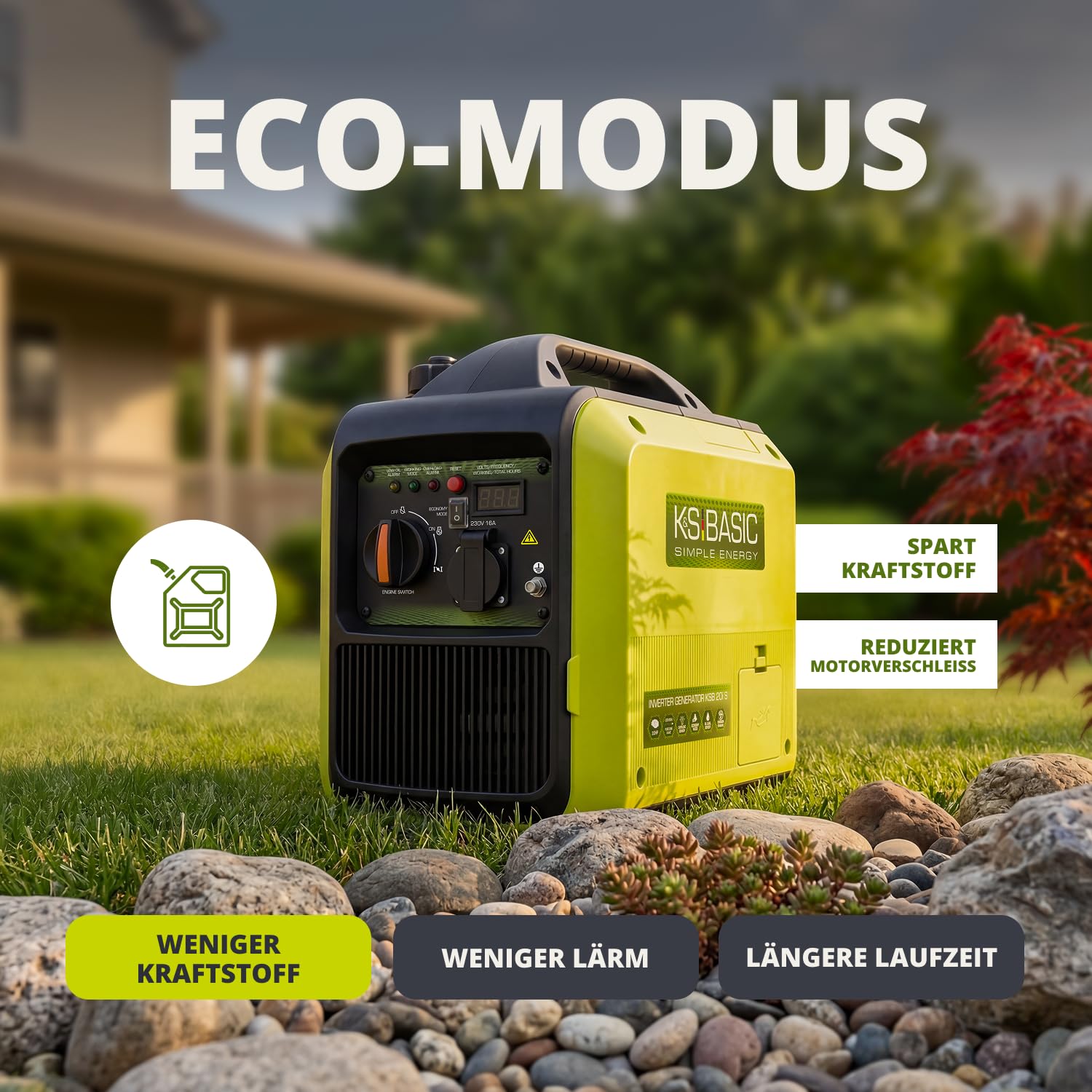 K&S BASIC 20i S generator inwerterowy 2000 W, agregat prądotwórczy na benzynę, agregat prądotwórczy 230 V – czysta fala sinusoidalna, generator prądu z trybem ekologicznym, wyświetlacz LED, moc