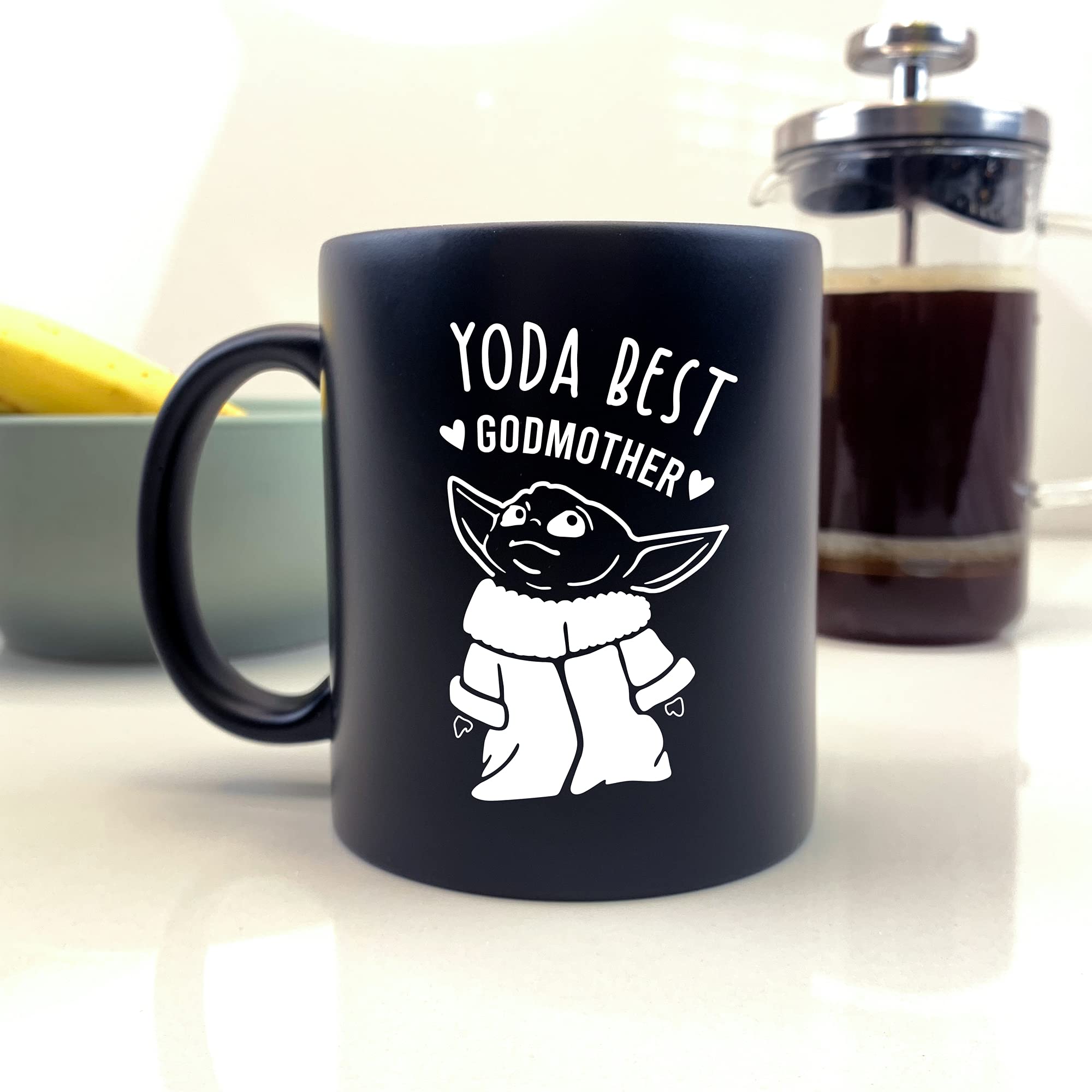 eBuyGB Personalised Coffee Mug, Matt Black Baby Yoda Mug, 350ml Star Wars Themed Tea Cup, Funny Gifts for Godparents (Yoda Best Godmother)