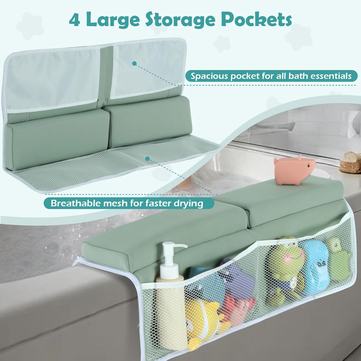 Baby Bath Kneeler and Elbow Rest Pad Set, 1.5 Inch Thick Memory Foam Soft Bath Kneeler with Bath Toys Organizer, Non-Slip, Quick-Dry, Foldable Kneeling Mat, Ideal Gift for Parents