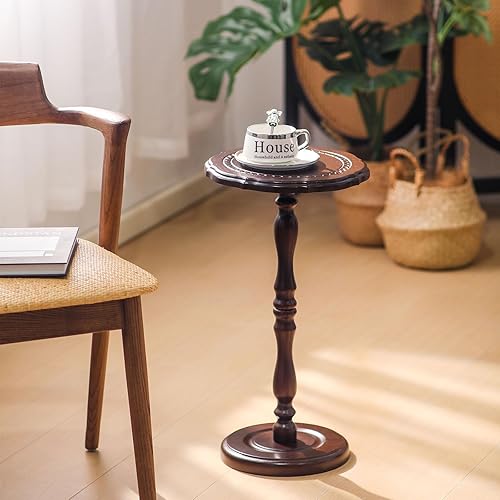 Miniatura 8 de Mesa auxiliar redonda 100% madera maciza, mesa pequeña para bebidas para espacios pequeños, mesa auxiliar moderna para dormitorio, sala de estar,