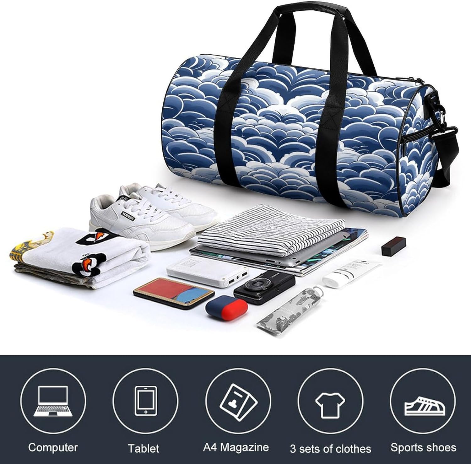 Aesthetic Sports Bag for Women Blue And White Printed Duffle Travel Bag for Men Women Mini Workout Bags Cylindrical Gym Bag