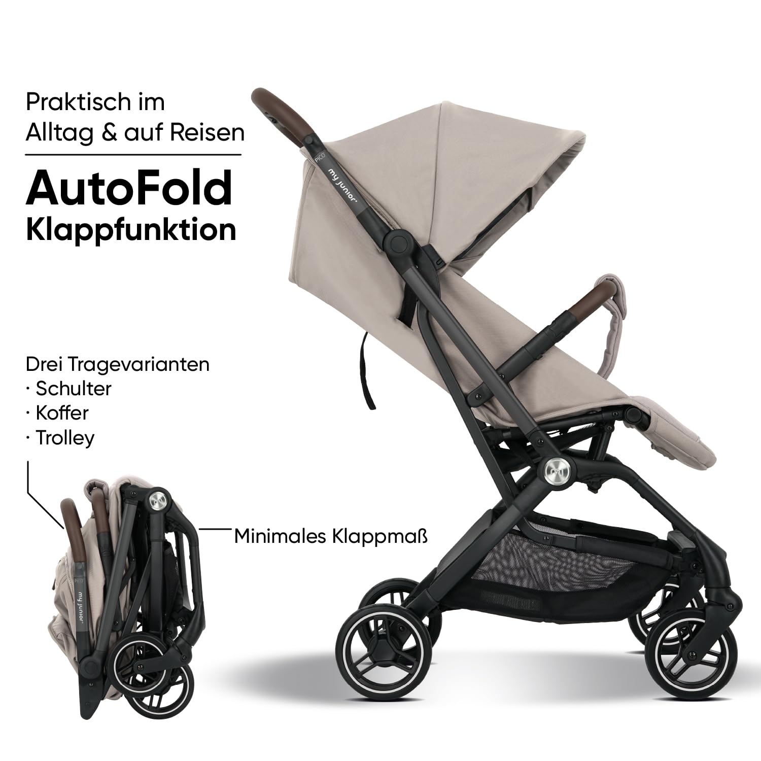 my junior Buggy PICO³ bis 22kg Einhand AutoFold-Klappmechanismus Ergonomische Liegeposition UV50+ Sonnenverdeck Handgepäckmaß