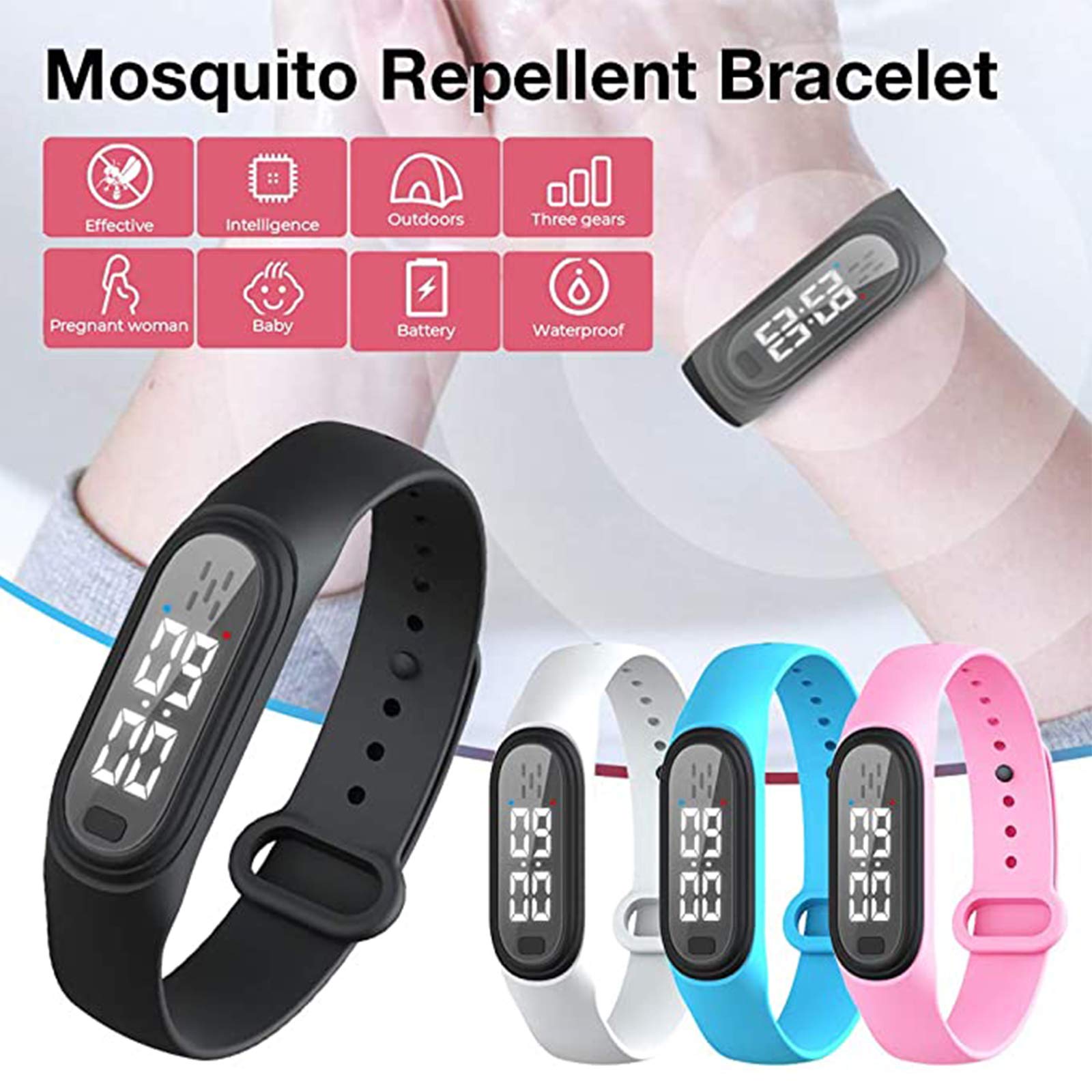 Bracelet anti-moustiques à ultrasons avec affichage de l'heure, bracelet étanche rechargeable par USB pour voyage et camping