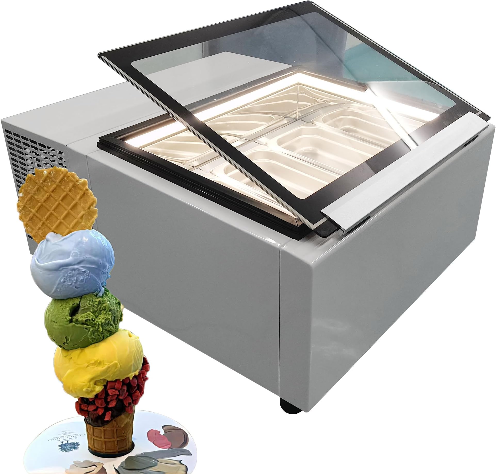 Gelato Display Refrigeration with LED Light, Countertop Gelato Dipping Cabinet, Hard Ice Cream Showcase, Italian Ice Cream Display, White
