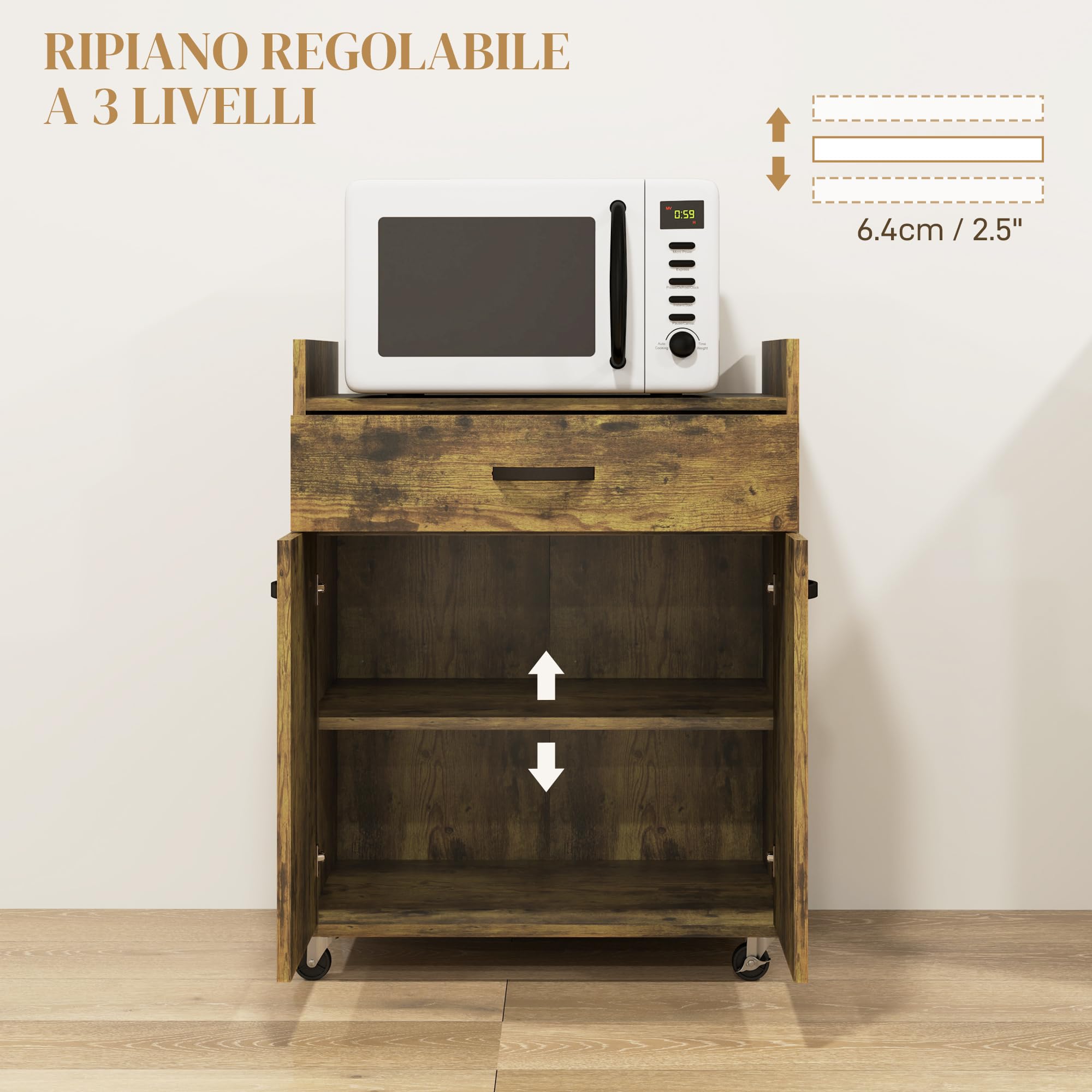 HOMCOM Carrello da Cucina Portavivande per Microonde con Cassetto e Armadietto, Isola per Cucina in Legno con 4 Ruote e Ripiano Regolabile, 60x40x77 cm, Marrone Rustico