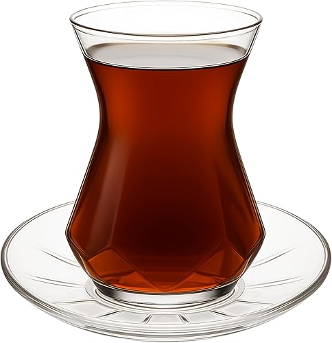 Juego de 6 tazas y platillos de té de vidrio transparente de diseño especial (12 unidades), forma tradicional de cintura delgada, vidrio resistente