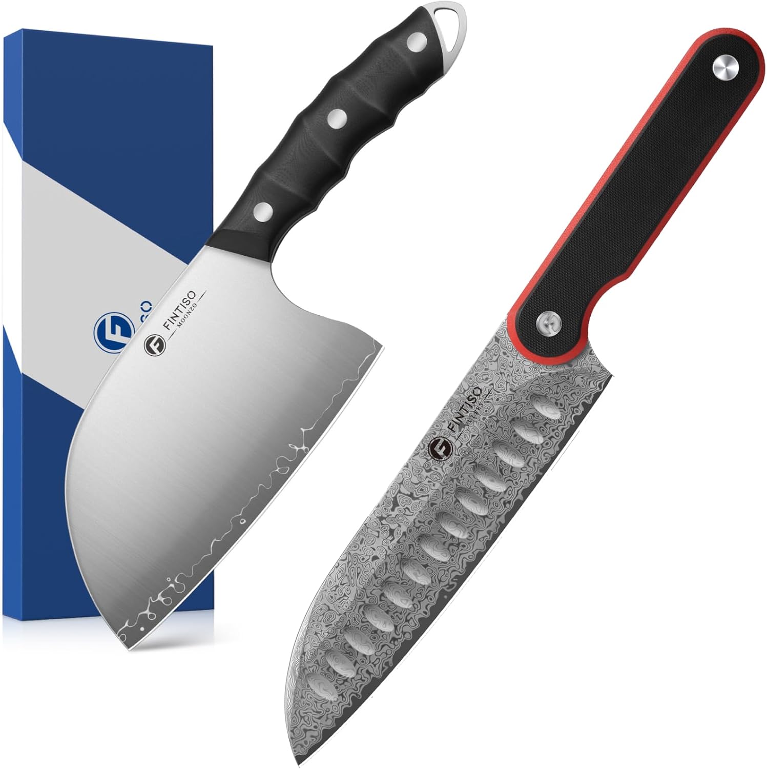 FINTISO 6.5 Inch 5-Layer High Carbon Stainless Steel Meat Cleaver Serbian Chef Knife and 8 Inch 67-Layer Damascus Stainless Steel Kitchen Knife