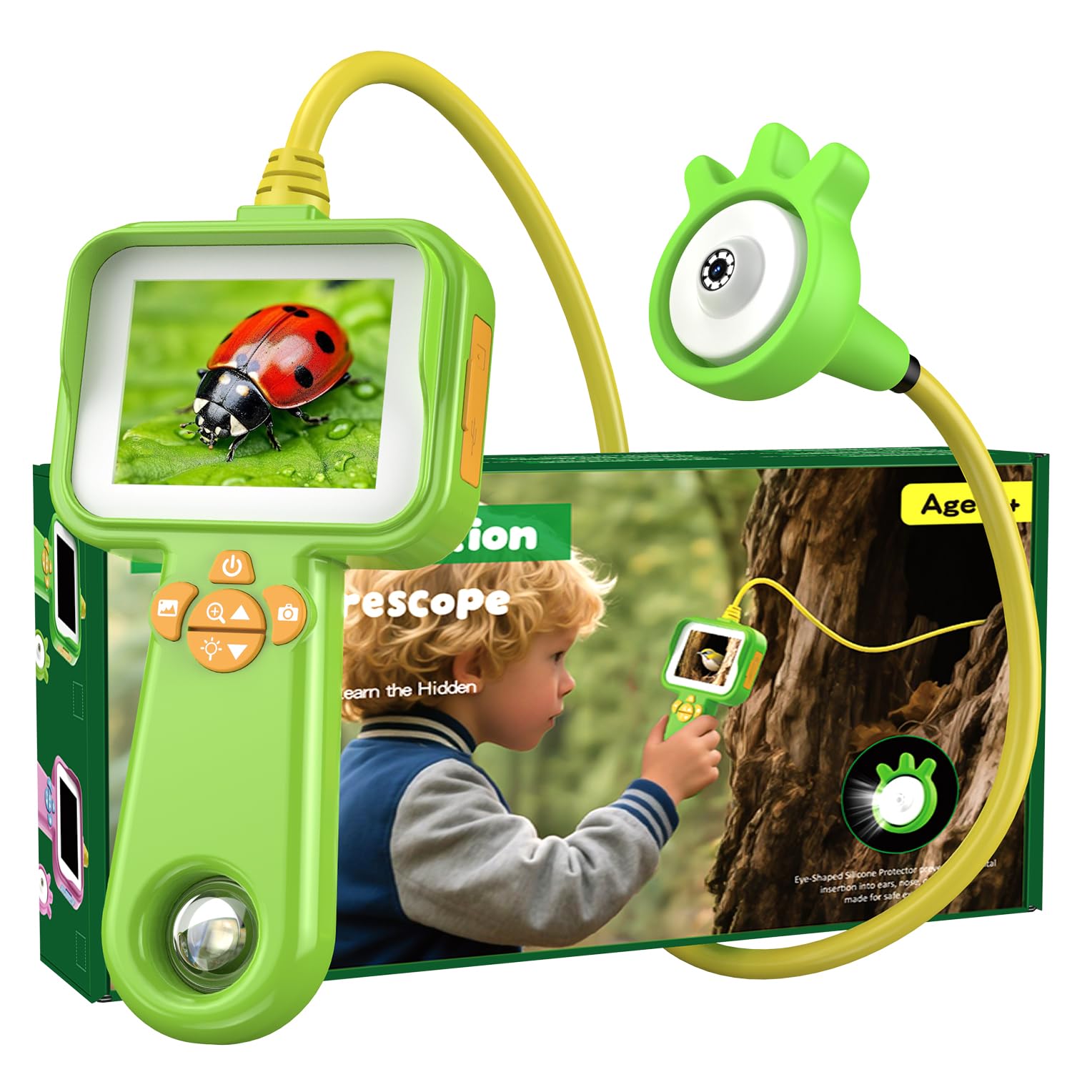 FINIBO Endoskopkamera Kinder – 2.4" Display Kids Endoscope, Spielzeug Endoskop mit Licht, Insekten Beobachter Kamera, Wasserfestes Kinder Endoskop für Natur, Outdoor & Wissenschaftliches Entdecken