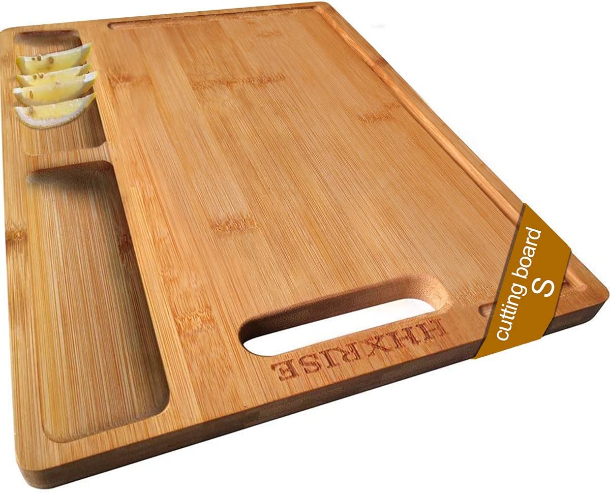 HHXRISE Organic Bamboo Cutting Board For Kitchen, With 2 Built-In Compartments And Juice Grooves, Chopping Board For Meats Bread Fruits, Butcher Block, Carving Board, BPA Free (S-12x8.4")
