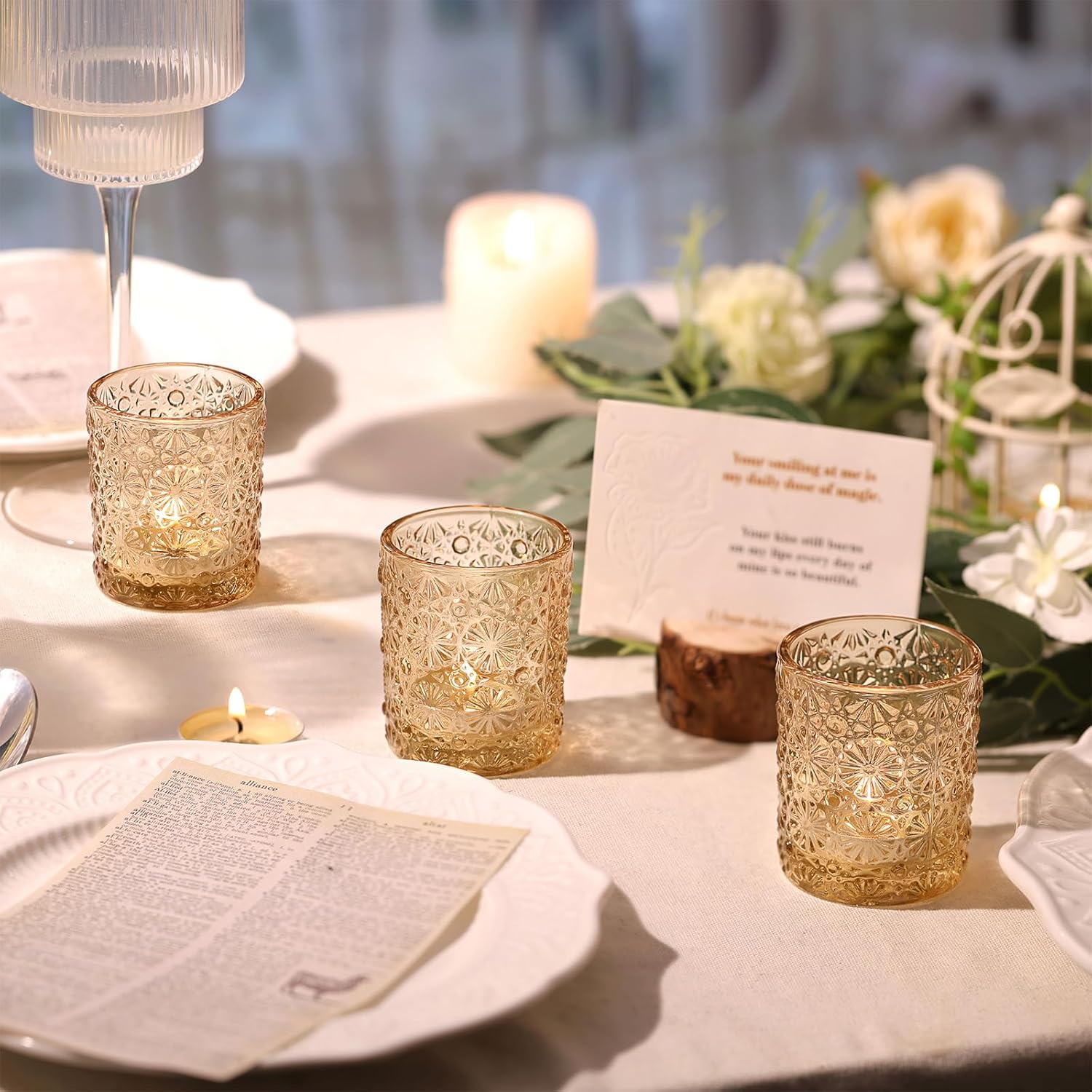 Gold Votive Candle Holder Set of 12, Flower Tea Lights Candles Holders for Wedding Table Centerpieces, Birthday Parties, Anniversary, Bridal Shower and Holiday Decorations