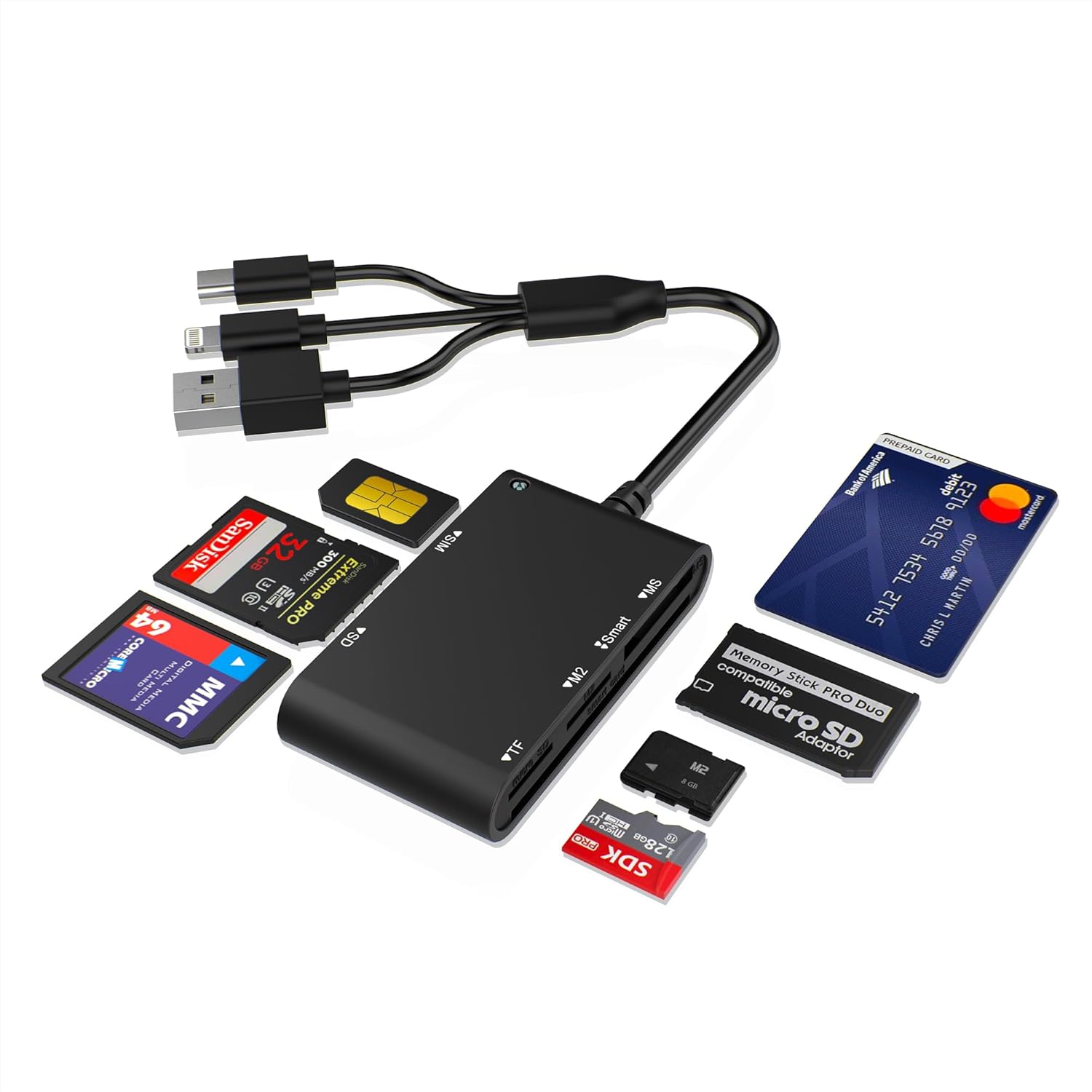 7-in-1 Smart Card Reader with 3-Port Connectivity – Lightning/USB-C/USB-A Military CAC & PIV Card Reader, SD/TF/MS Pro Duo/M2/IC/SIM Adapter for Windows/macOS/Linux, Plug and Play