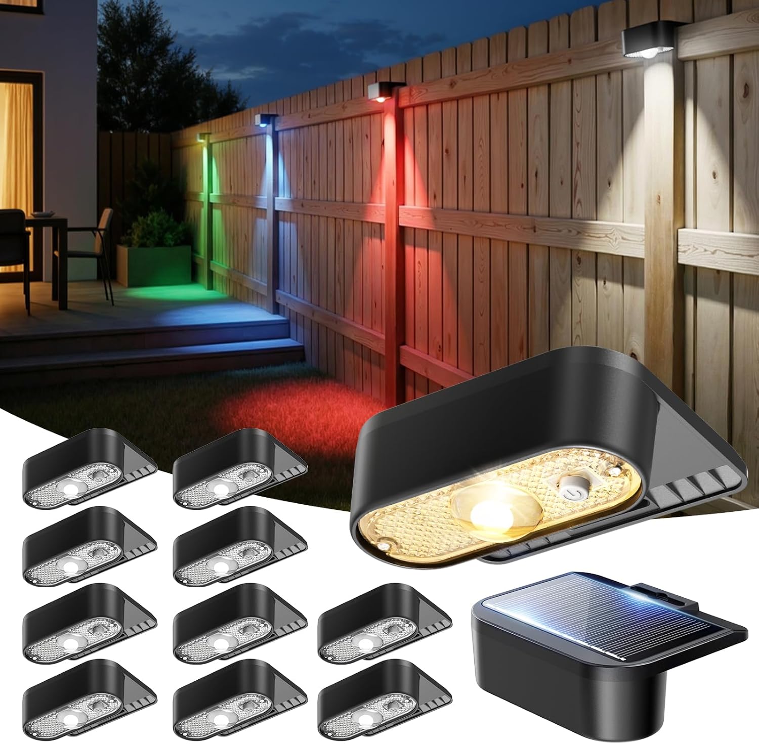 JOFIOS Solar Fence Lights Outdoor, 9 Fixed Colors ＆ Color Changing Solar Deck Lights Outdoor Waterproof IP44 Dusk-to-Dawn Fence Lights Solar Powered for Patio, Railing, Porch, Stair, Dock, 12 Pack