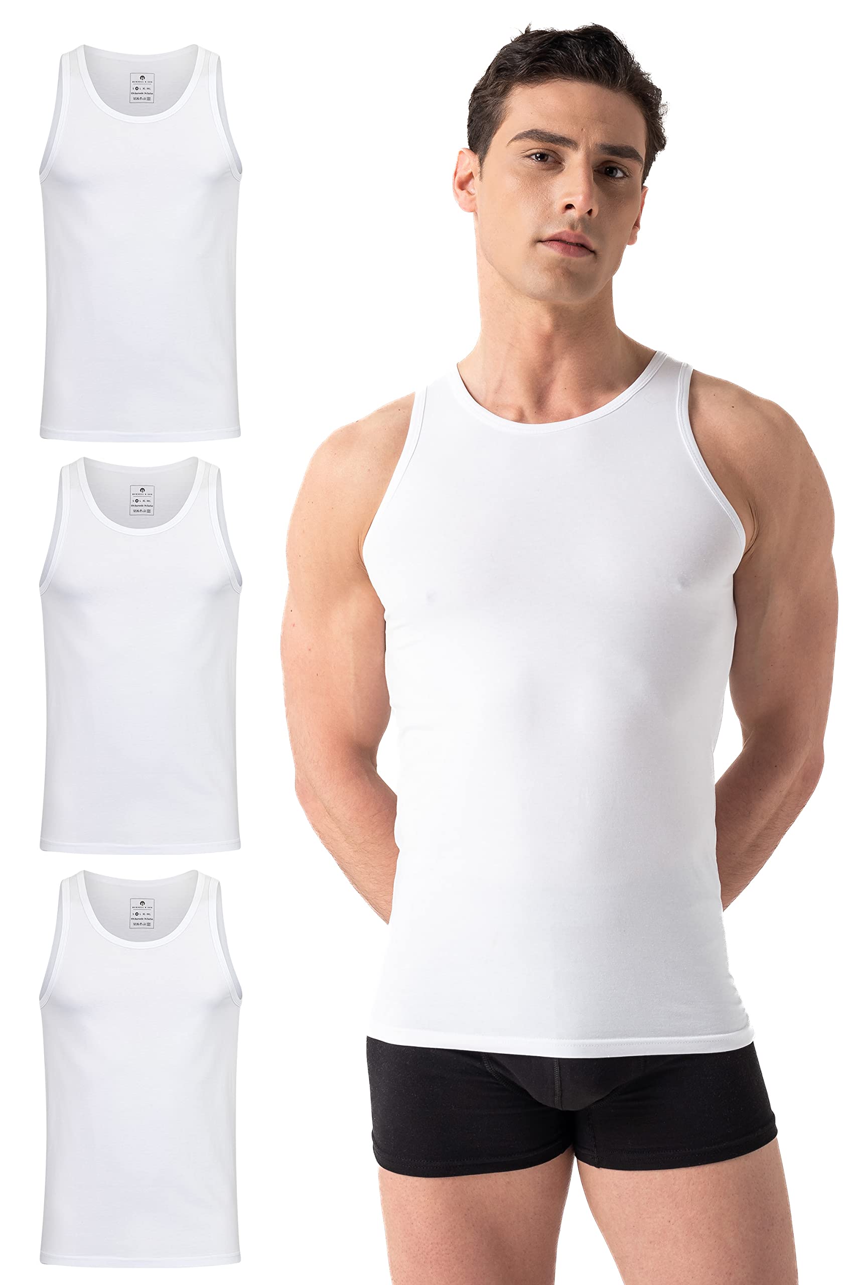 Burnell & Son Camiseta interior para hombre, pack de 3 unidades, camiseta sin mangas, acanalada, extra larga, de algodón, corte ajustado, en blanco y negro