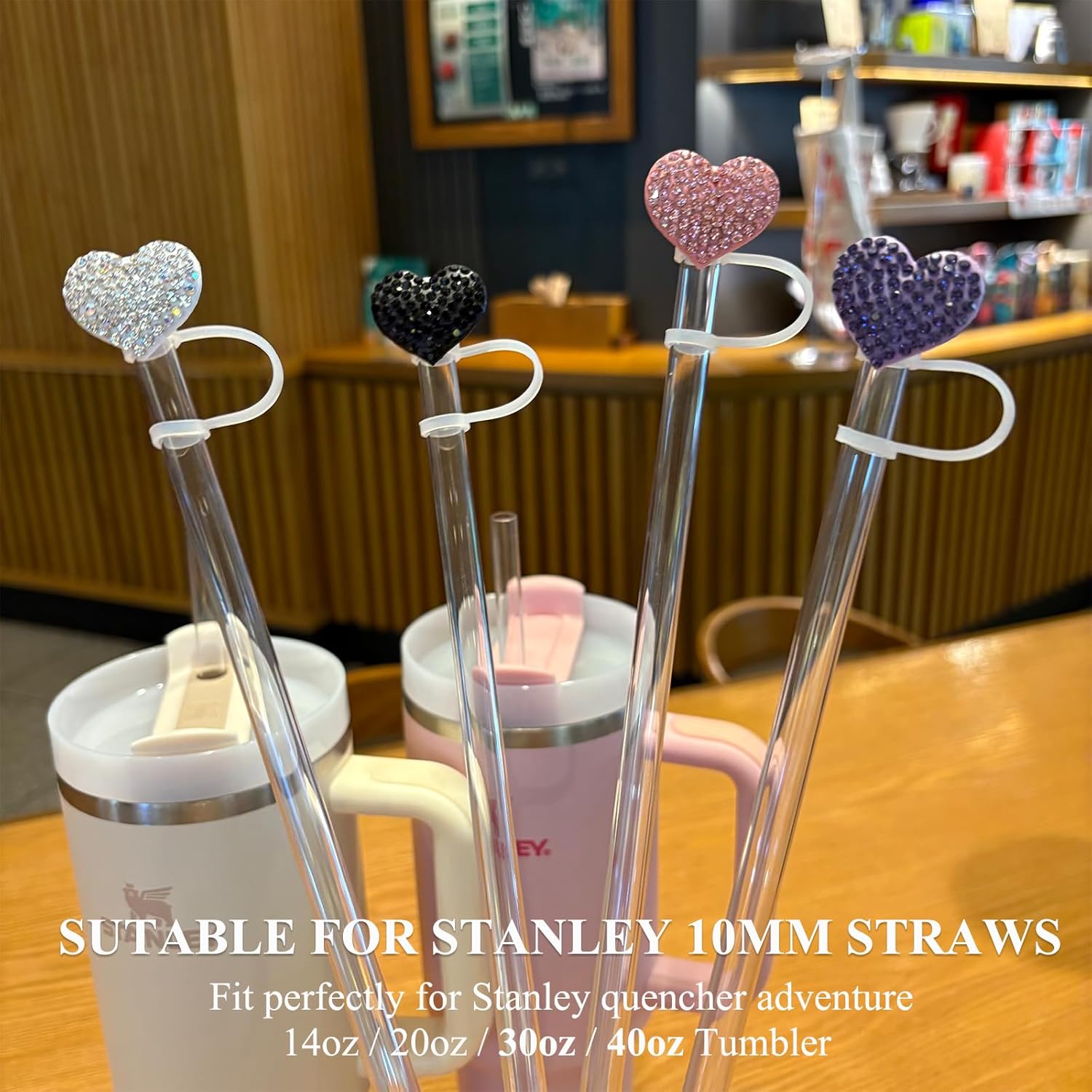 Bling Heart Straw Covers for Stanley Cup - 4Pack Rhinestone Diamond Valentines Day Straw Toppers, Sparkle Stanley Cup Accessories, Glitter Silver Pink Black Purple Valentines Basket Stuffers - Image 3