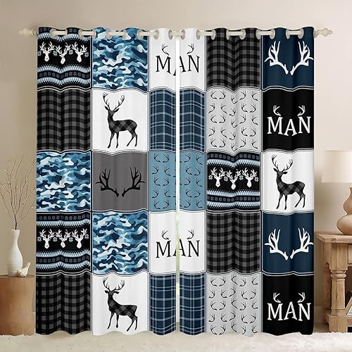 Cortinas y cortinas de ciervo de alce, cortinas de camuflaje azul turquesa, cortinas opacas retro a cuadros negros a cuadros, 2 paneles de 52