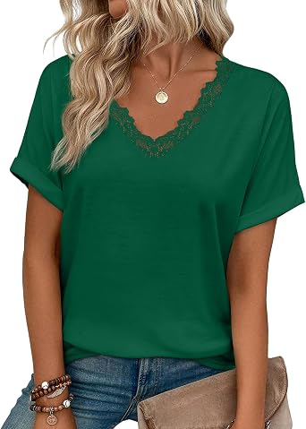 JUSTFASHIONNOW Womens Summer Tops Short Rolled Sleeve V Neck Tshirts 2026 Casual Dressy Business Work Blouses