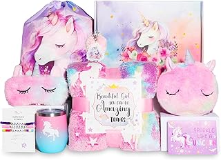 SHAHNARO Unicorn Toys for Girls Age 4-10 – 9PC Unicorn Gift Box Set with Glow Blanket