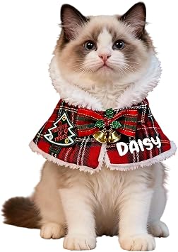 Personalized Cat Christmas Costume Cape Plaid, Custom Cats Cloak with Name, Custom Cat Christmas Scarf with Bell, Name Holiday Dress for Cats