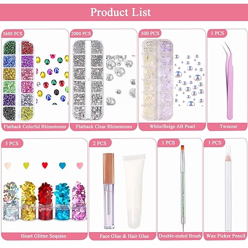 Miniatura 3 de Kit de gemas de diamantes de imitación para el cabello con pegamento de maquillaje, parte trasera plana, joyas coloridas semiredondas AB Pearl Heart