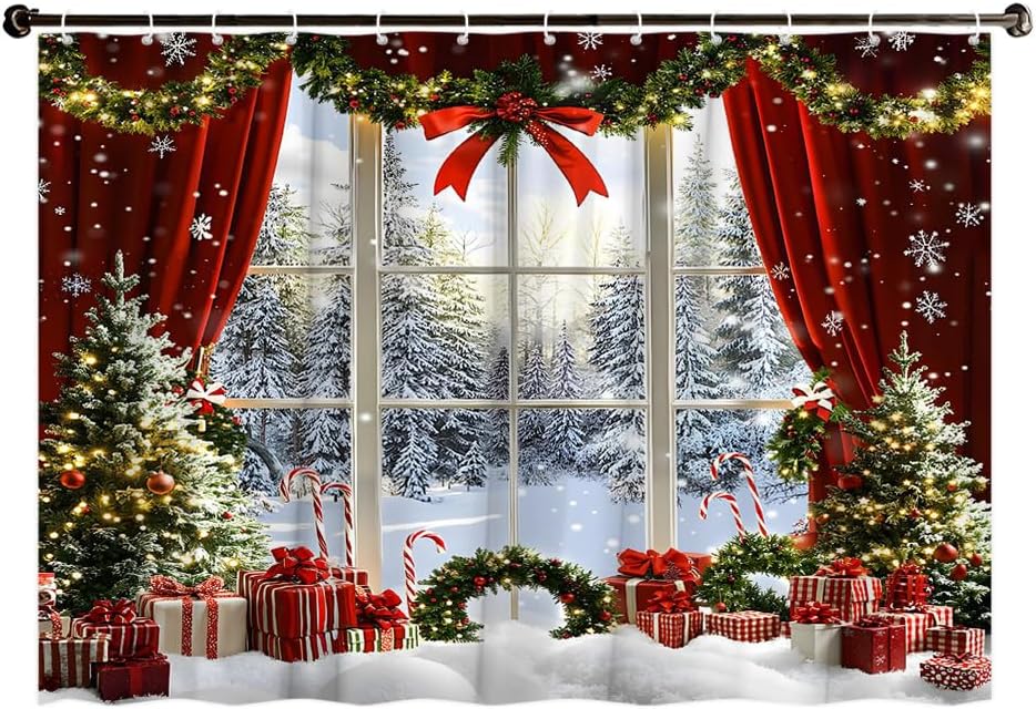 Christmas Shower Curtain Window Snow Scenery Winter Forest Glitter Xmas Tree Red Gifts Wreaths Candies Snowflakes Rustic Farmhouse Holiday Happy New Year Decor Curtain 70"Wx90"H Polyester Fabric