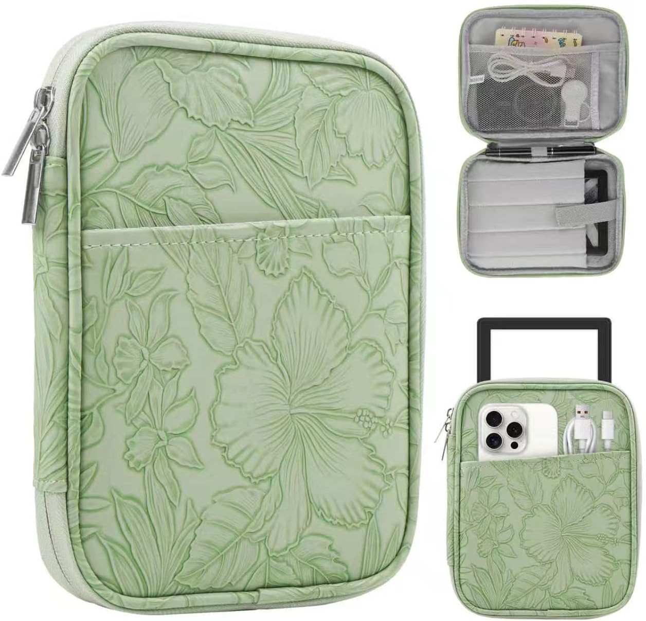 HoYiXi Universal Sleeve Bag for 6-6.8 inch E-Book Reader Compatible with 6.8" Kindle Paperwhite 2025-2012/6" All-new Kindle/Kobo/Pocketbook,6" EReader with Anti-Drop Protective Cover,Green Leaves