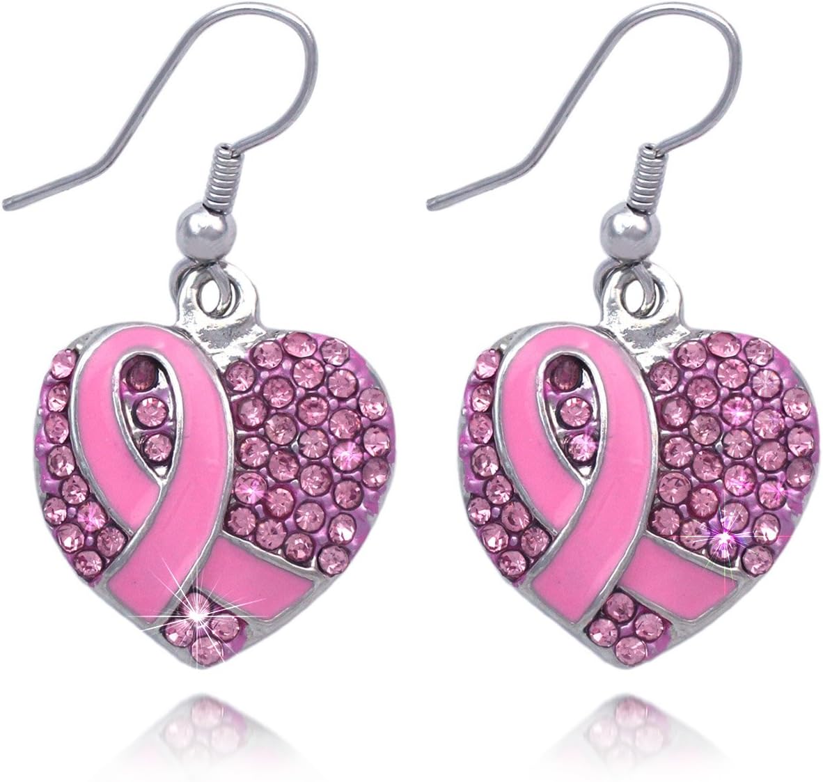 cocojewelrySupport Breast Cancer Awareness Pink Ribbon Heart Earrings