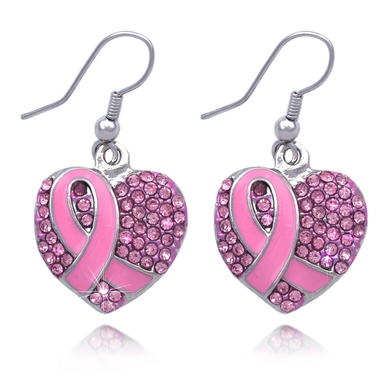 cocojewelrySupport Breast Cancer Awareness Pink Ribbon Heart Earrings