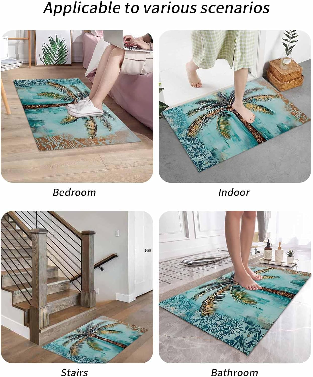 DecorLovee Boho Coastal Beach Door Mat Indoor/Outdoor Entrance, Non Slip Welcome Floor Mats, Vintage Ocean Tropical Coconut Tree Absorbent Rug Low Profile Front Door Mat for Patio Porch 24"x36"