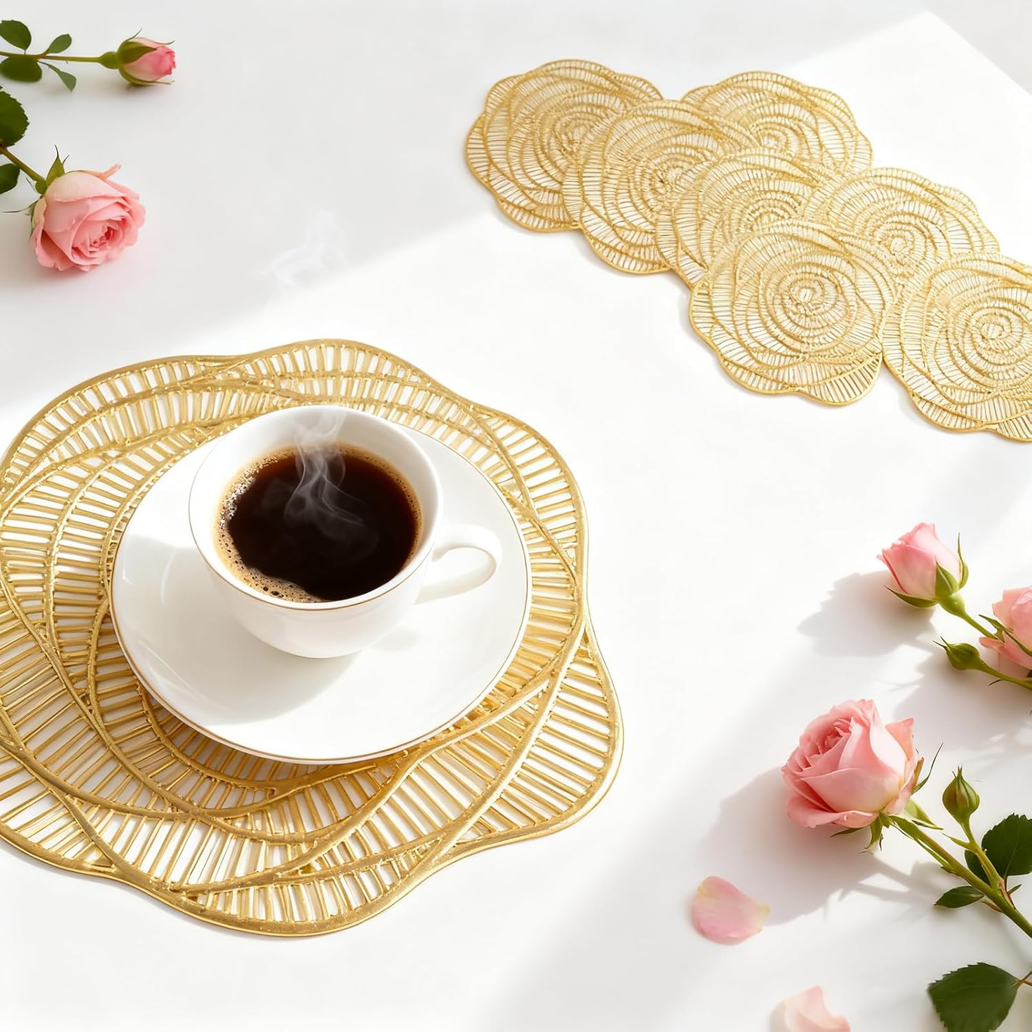 16 Set 15 Inch Round Pressed Vinyl Placemats with Place Mats and Coasters Slip Resistant Metallic Place Mat Coaster Gold Hollow Out Rose Placemat Set for Kitchen Dining Wedding