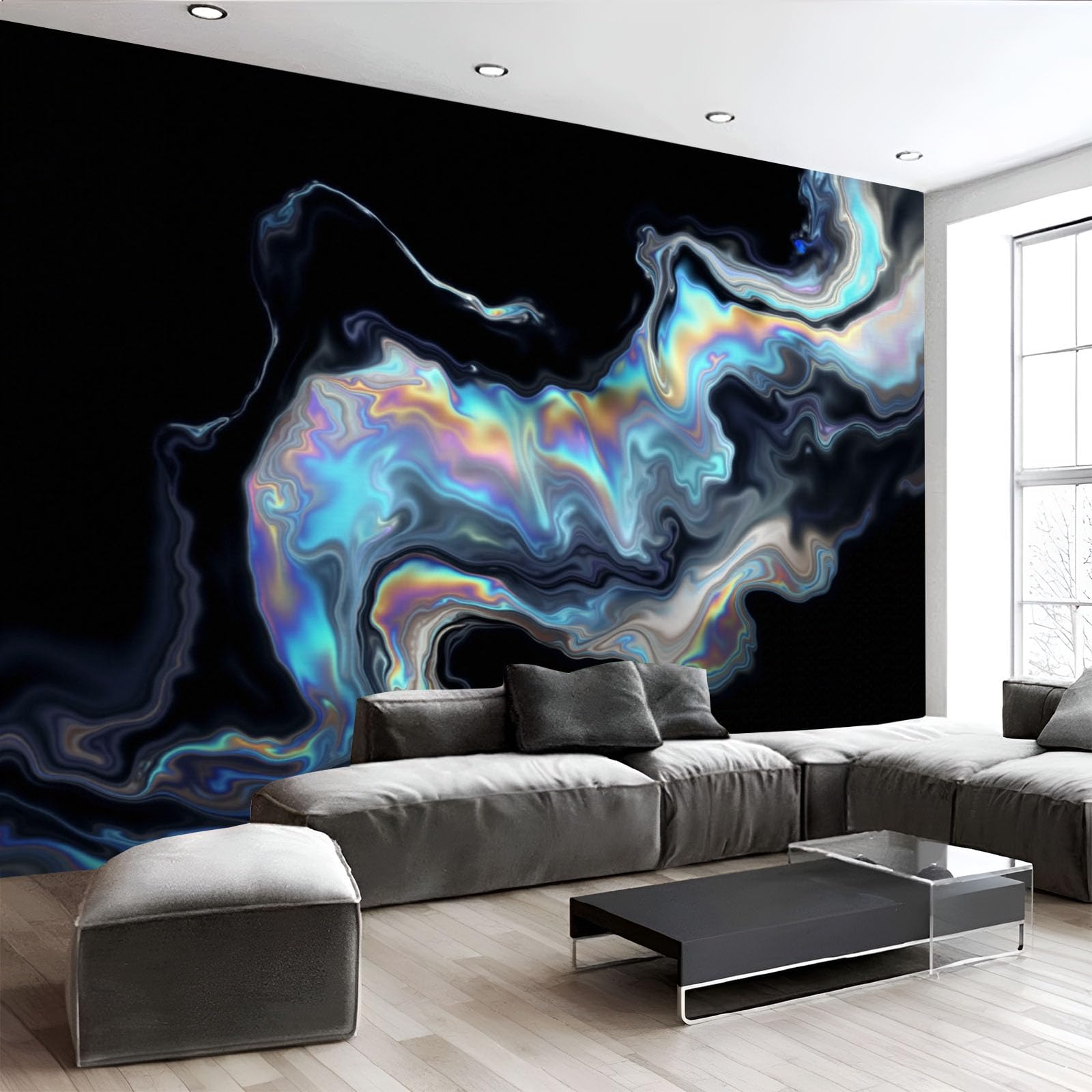 Papier peint panoramique 3D ondes métalliques noir 350x256 cm pour décoration de salon moderne